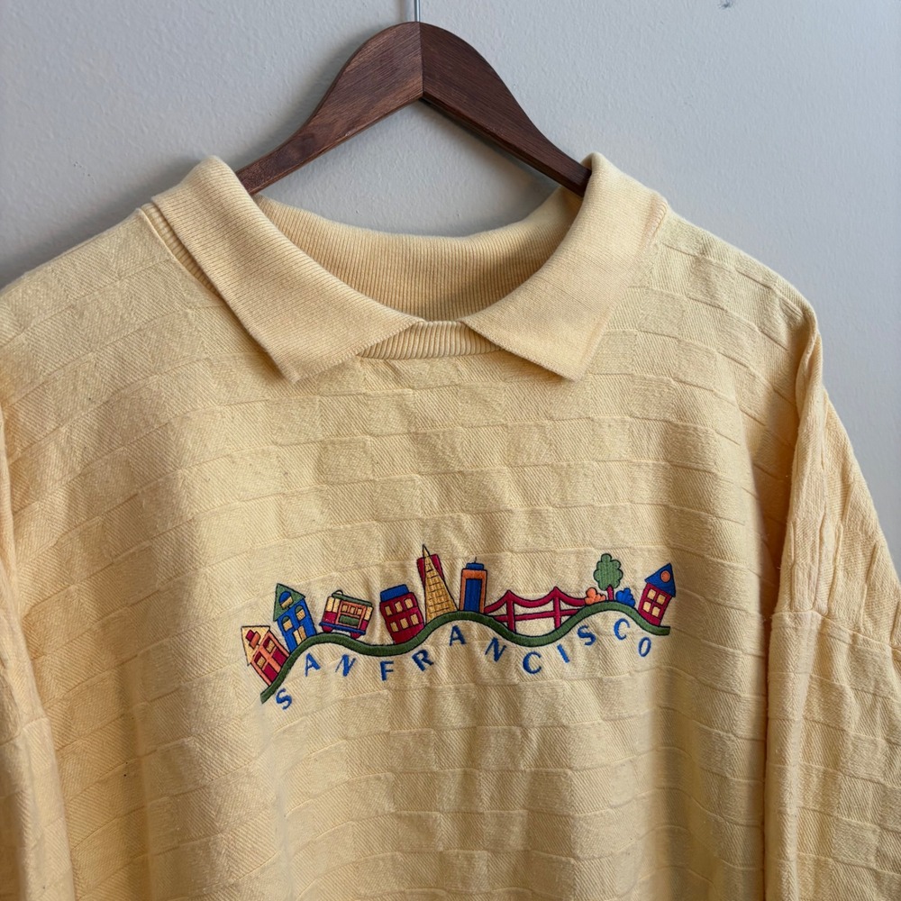 Vtg 90's Crazy Shirts Hawaii San Francisco Embroidered Light Yellow Polo Sweater